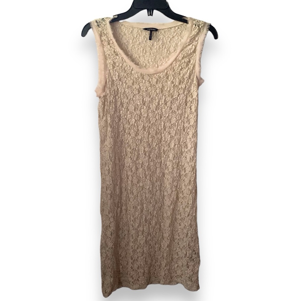 Daisy Fuentes Cream Crochet Lace Sheer Fringe Boho Slip Shift Midi Dress Large